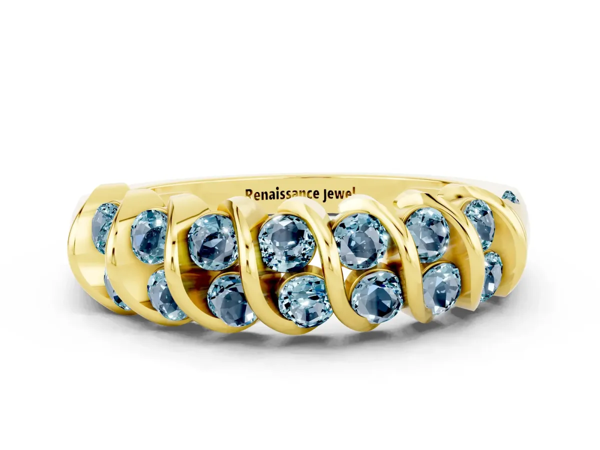 Channel Set Round Aquamarine Multi-Row Band Yellow gold