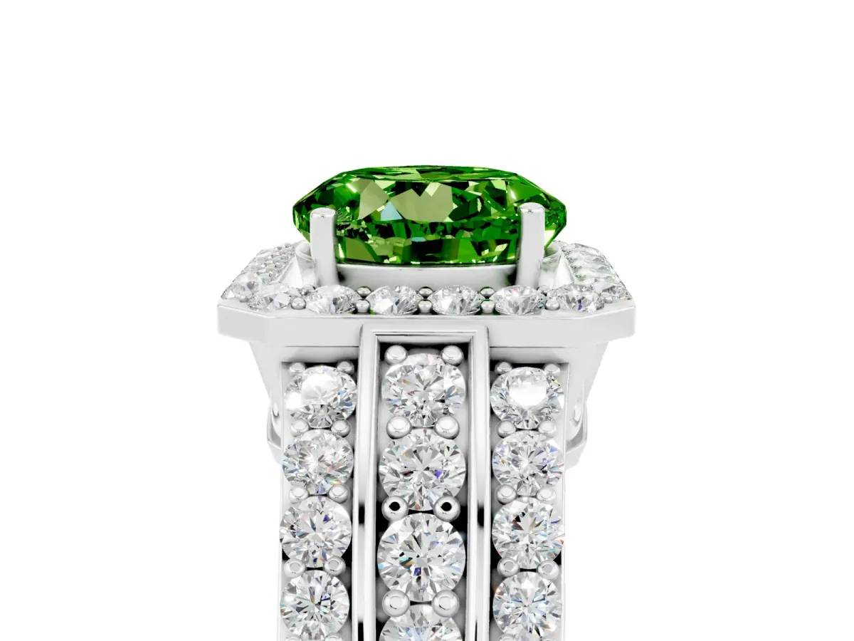 Round Cut Halo Peridot Ring with Round Split Shank and Prong Setting White gold