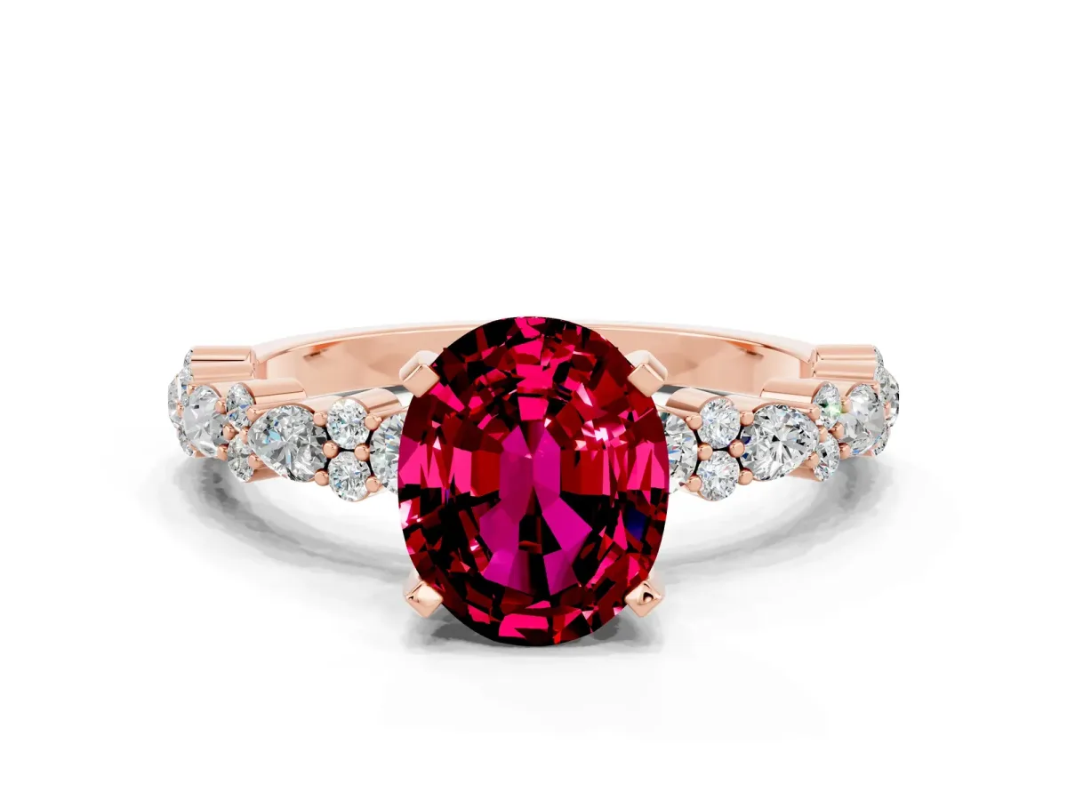 Oval Cut Garnet Side Stone Solitaire Ring with Round and Four-Prong Setting Rose gold