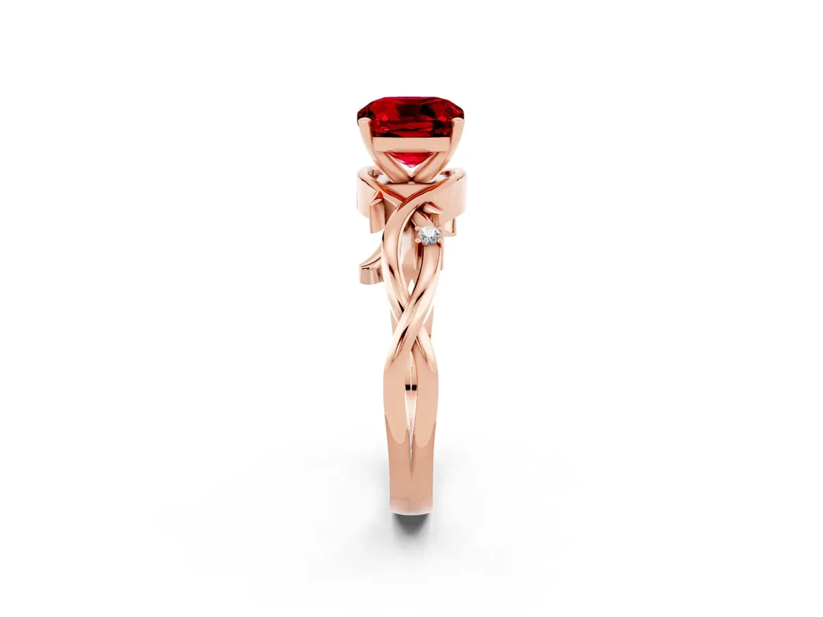 Cushion Cut Ruby Solitaire Ring with Twisted Band and Prong Setting Rose gold