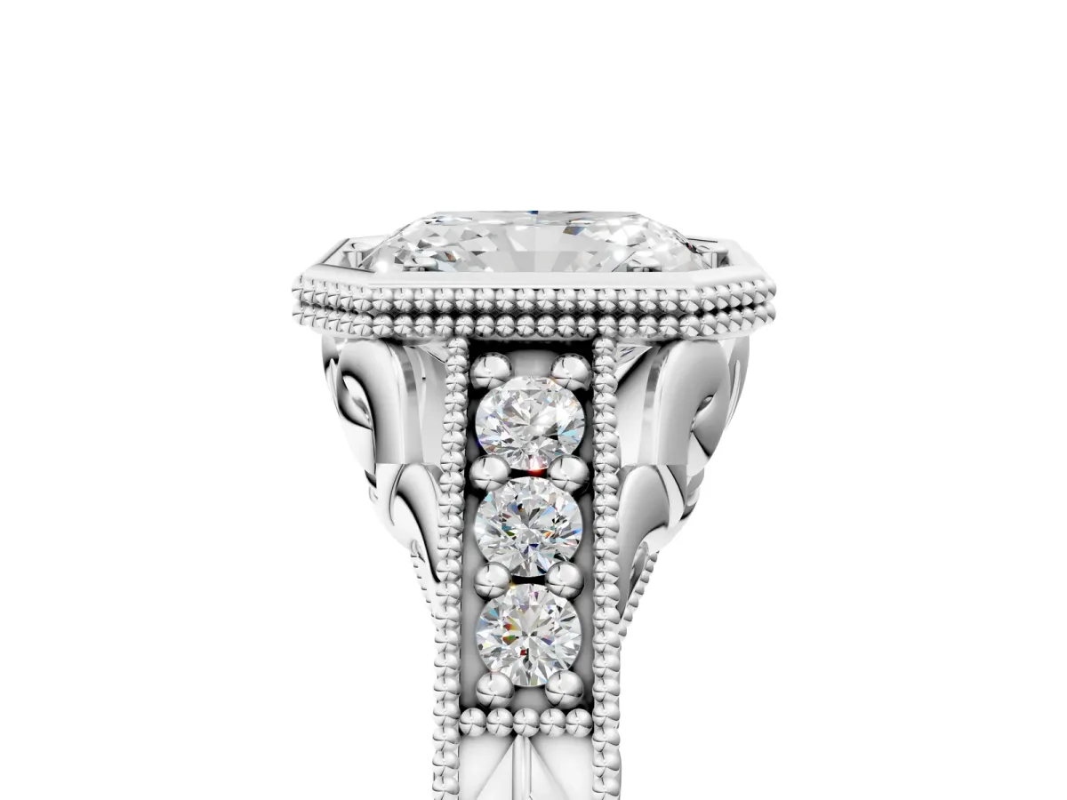 Bezel Set Radiant Cut Diamond Milgrain Pave Engagement Ring Platinum
