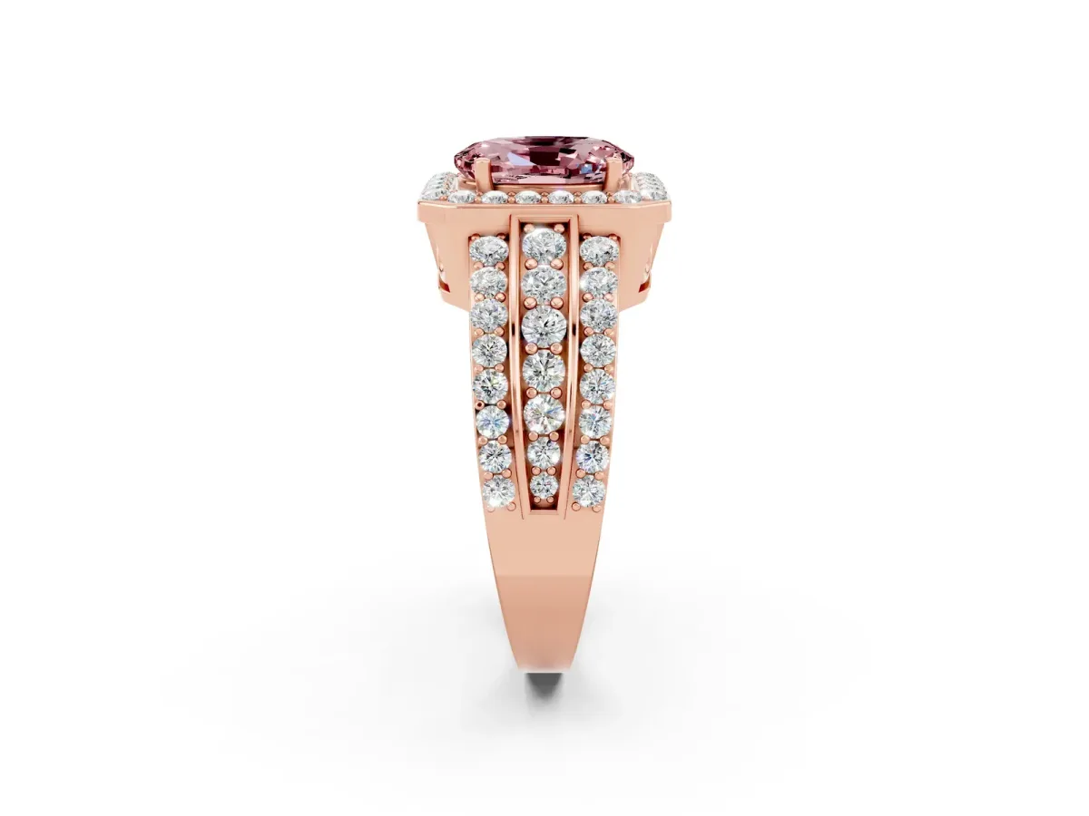 Oval Cut Halo Morganite Ring with Round Split Shank and Prong Setting Rose gold