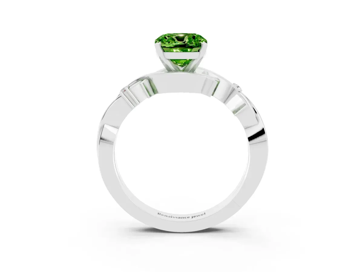 Cushion Cut Peridot Solitaire Ring with Twisted Band and Prong Setting Platinum