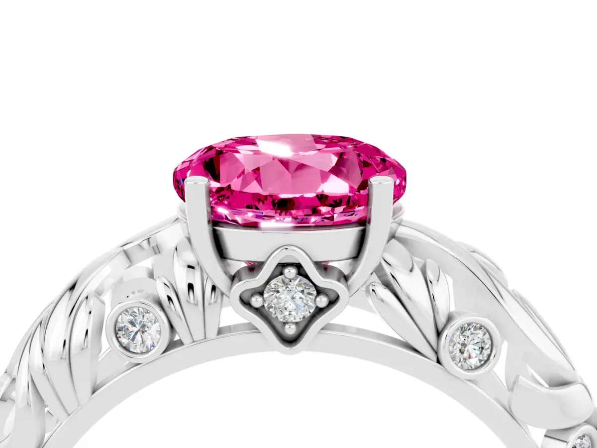 Round Cut Solitaire Pink Sapphire Leaf-Inspired Vine Band Ring with Prong Setting Silver