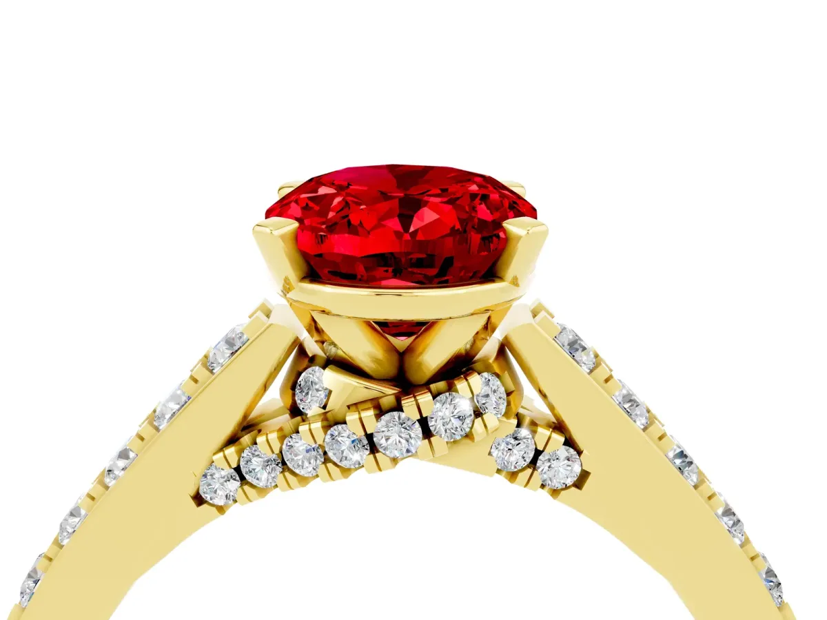 Oval Cut Ruby Solitaire Ring with Crossover Gallery and Round Pavé Band Yellow gold