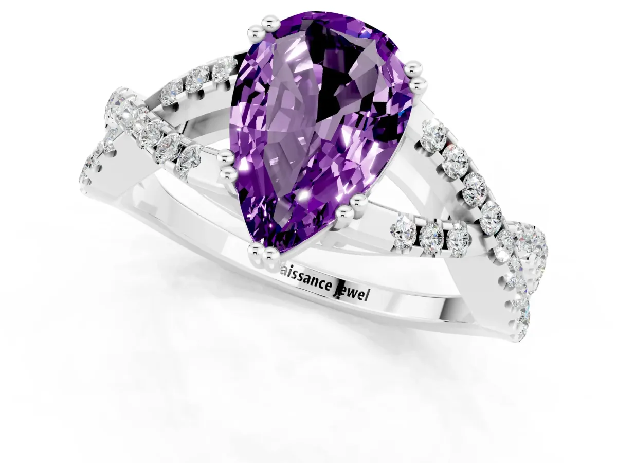 Pear Cut Amethyst Solitaire Ring with Four-Prong Setting and Twisted Pavé Band Platinum