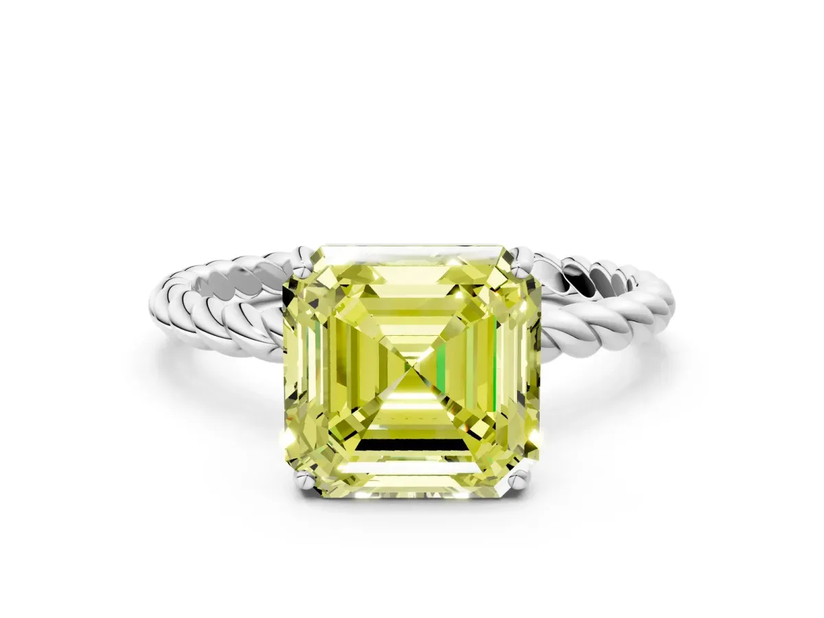Fancy Yellow Asscher Cut Solitaire Twisted Band 4-Prong Ring Platinum