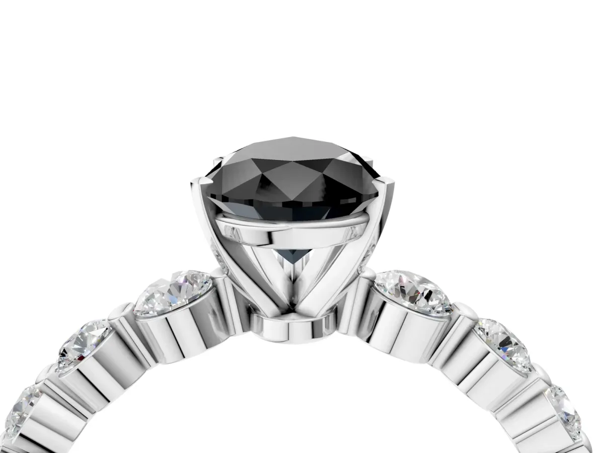 Fancy Black Pear Cut Solitaire Diamond Ring with Pave Band and Four-Prong Setting Silver