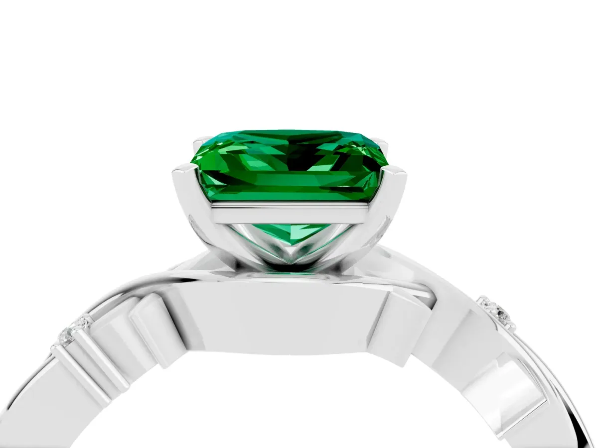 Princess Cut Emerald Solitaire Ring with Twisted Band and Prong Setting Silver