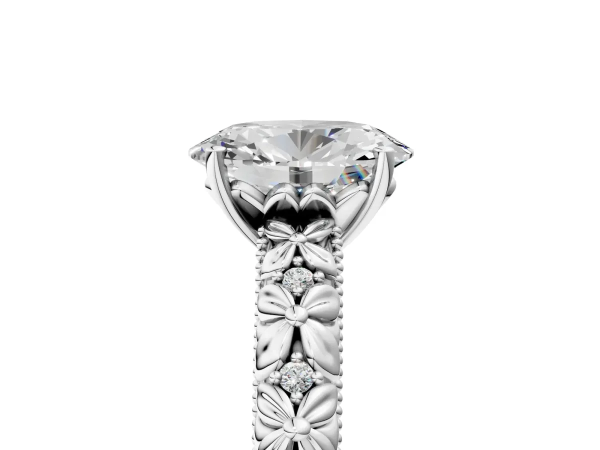 Oval Cut Solitaire Floral Milgrain Engagement Ring Silver