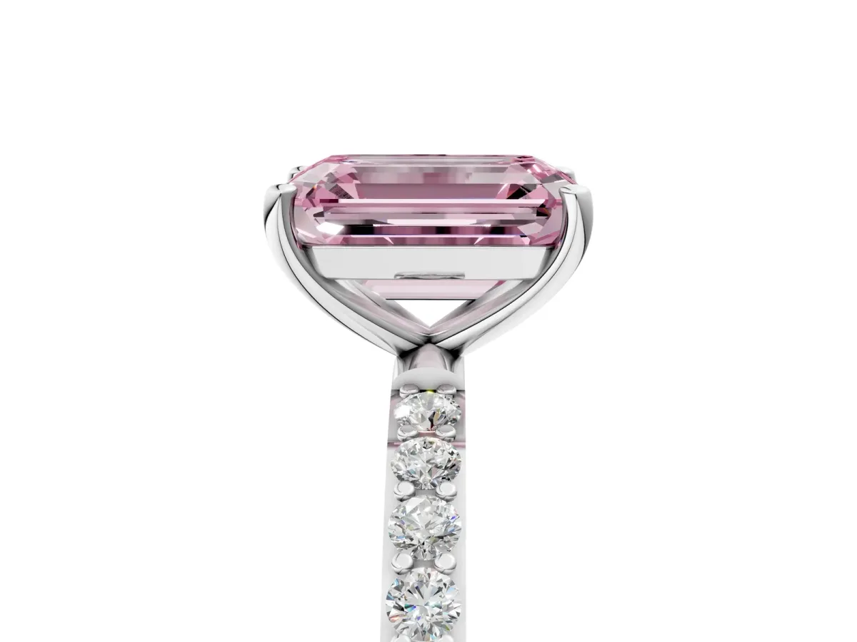 Fancy Pink Emerald Cut Diamond Solitaire Ring with Round Pavé Shoulders and Prong Setting Silver