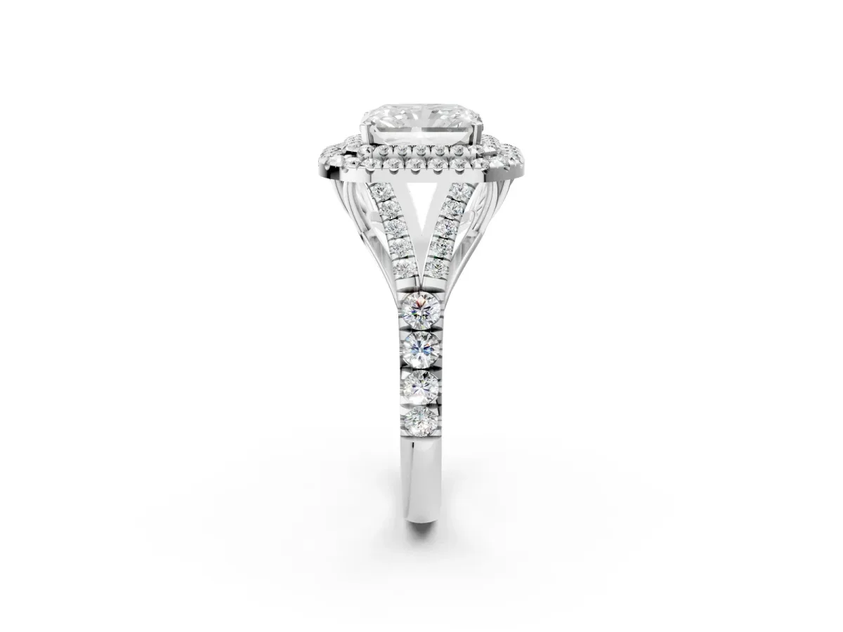 Radiant Cut Cut Double Halo Split Shank Diamond Ring with Prong Setting Platinum
