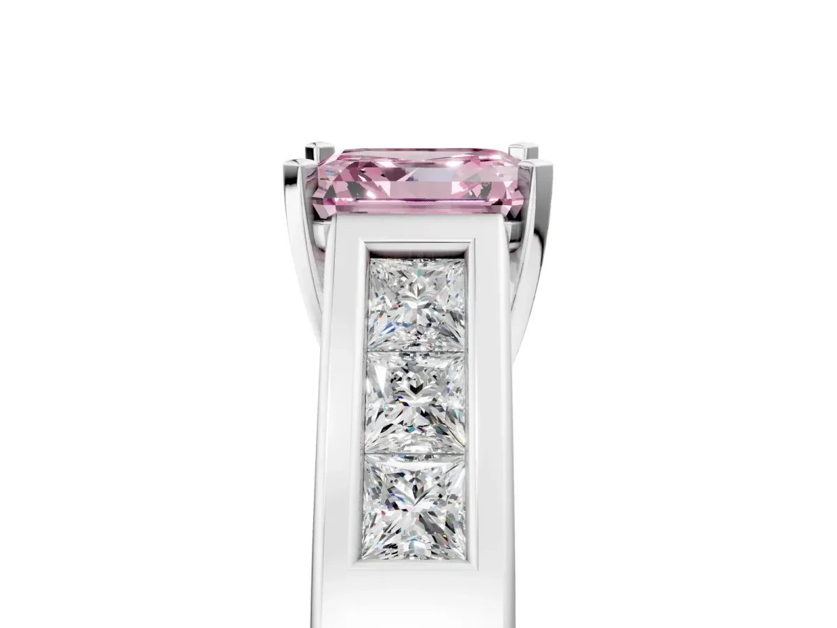 Fancy Pink Asscher Cut Cut Channel Set Solitaire Ring with Four-Prong Setting Platinum