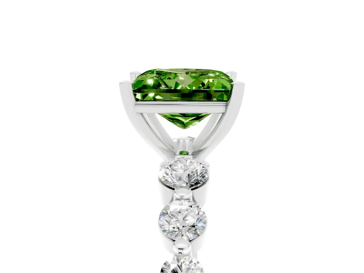Princess Cut Solitaire Peridot Ring with Pave Band and Four-Prong Setting Platinum