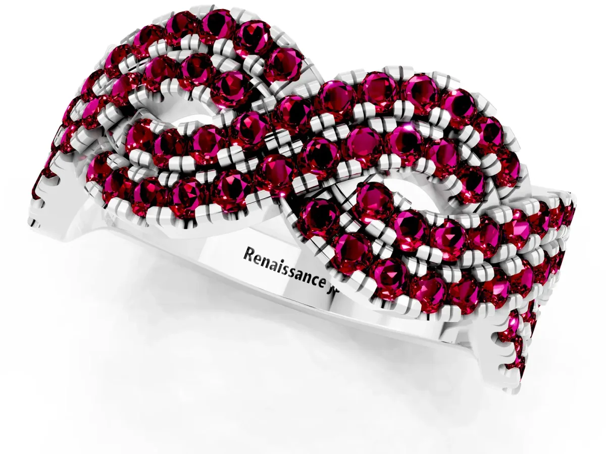 Pavé Round Garnet Infinity Twist Band with Shared Prong Setting Silver
