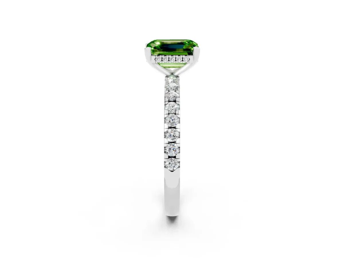 Emerald Cut Peridot Solitaire Ring with Round Pavé Band and Four-Prong Setting Silver