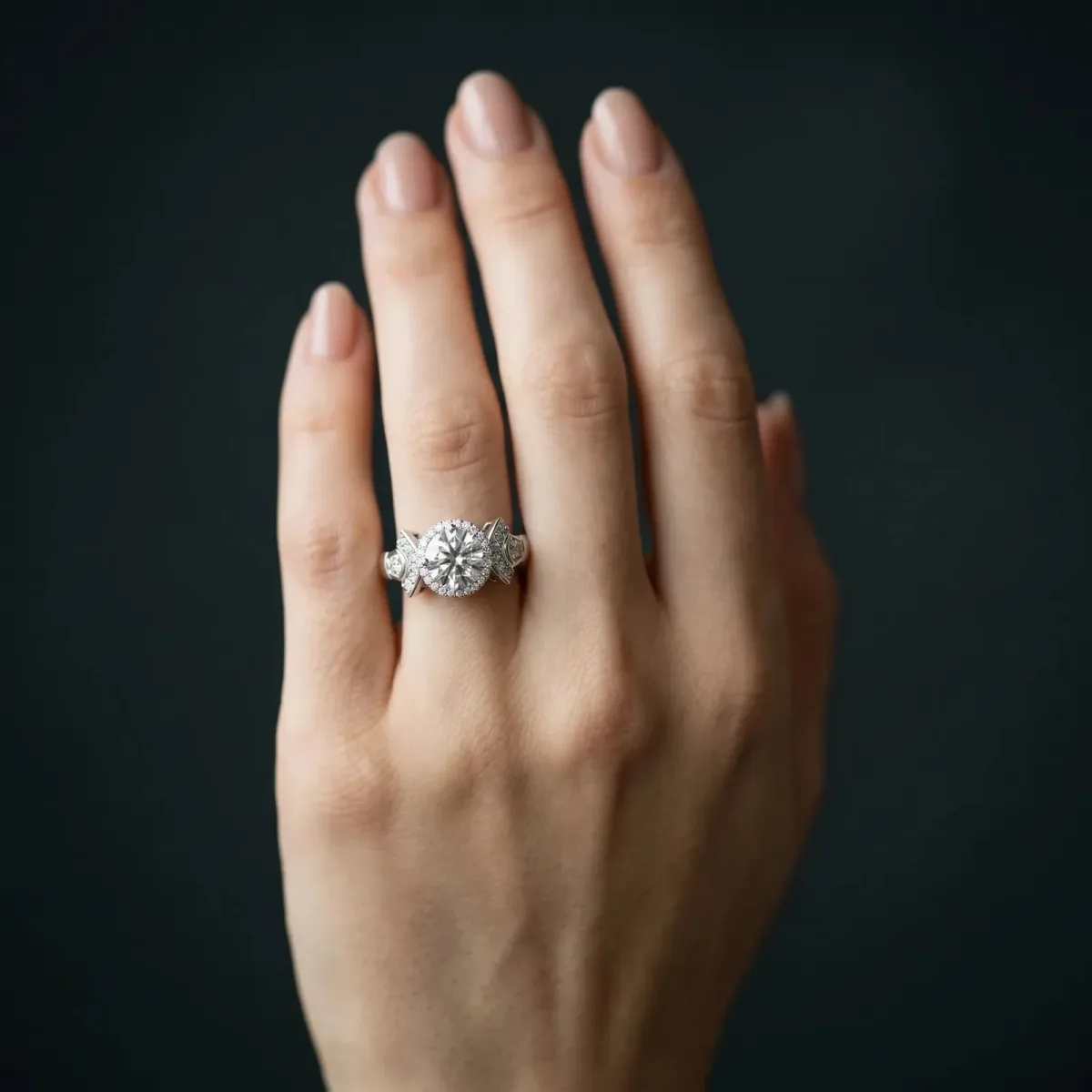Round Cut Halo Diamond Split Shank Engagement Ring with Four-Prong Setting Silver