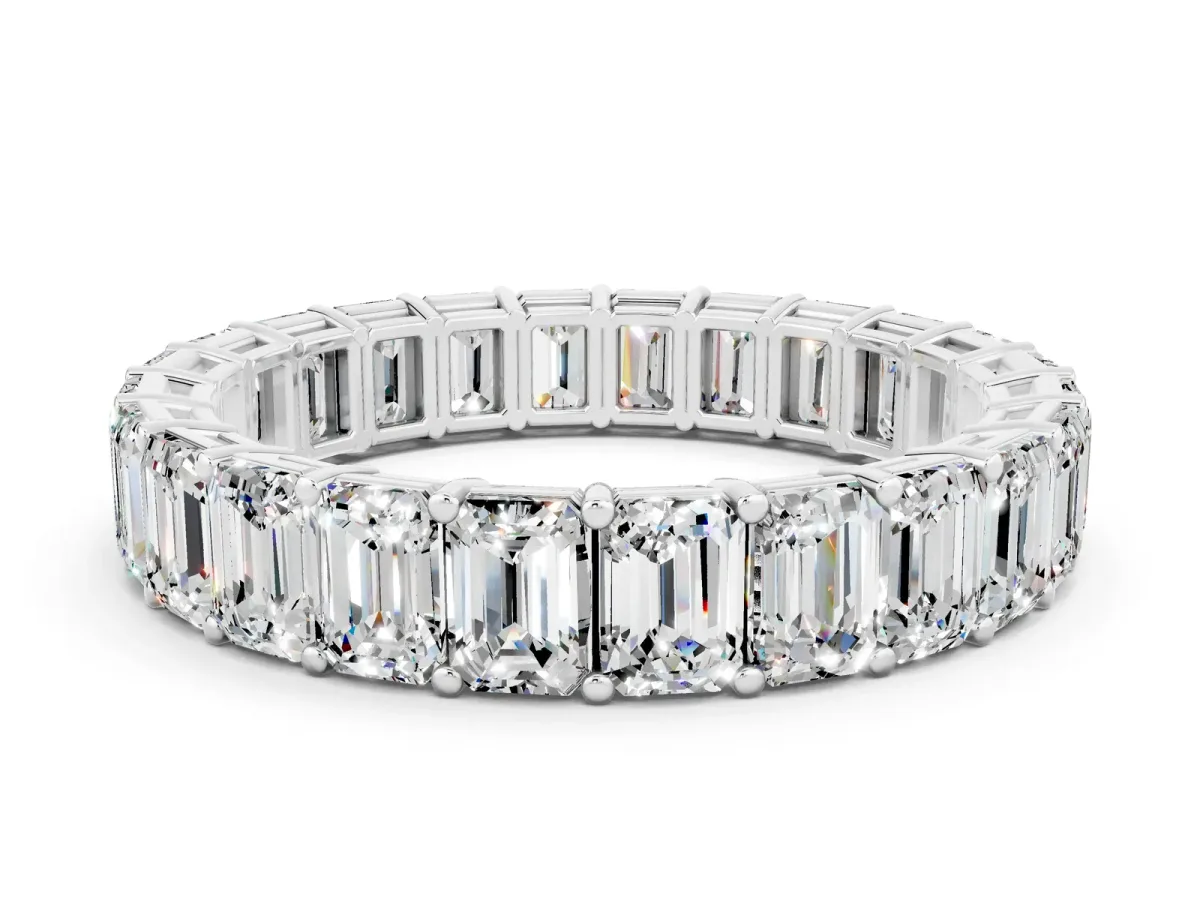 Emerald Cut Moissanite Eternity Band with Shared Prong Setting Silver