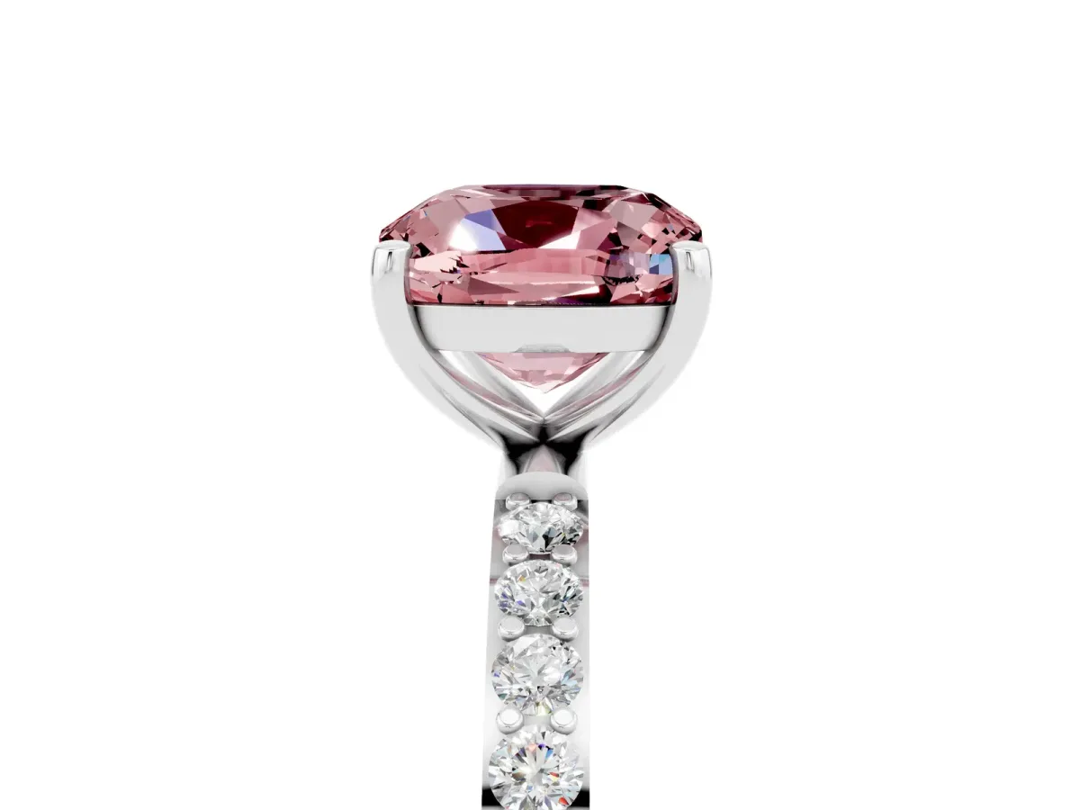 Cushion Cut Morganite Solitaire Ring with Round Pavé Band and Prong Setting Silver