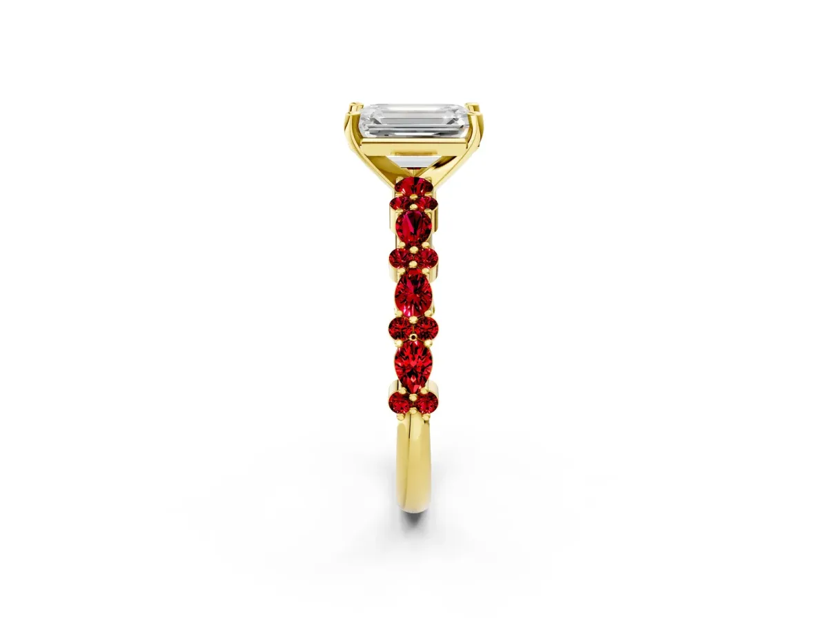 Emerald Cut Diamond Side Stone Solitaire Ring with Round Ruby and Four-Prong Setting Yellow gold