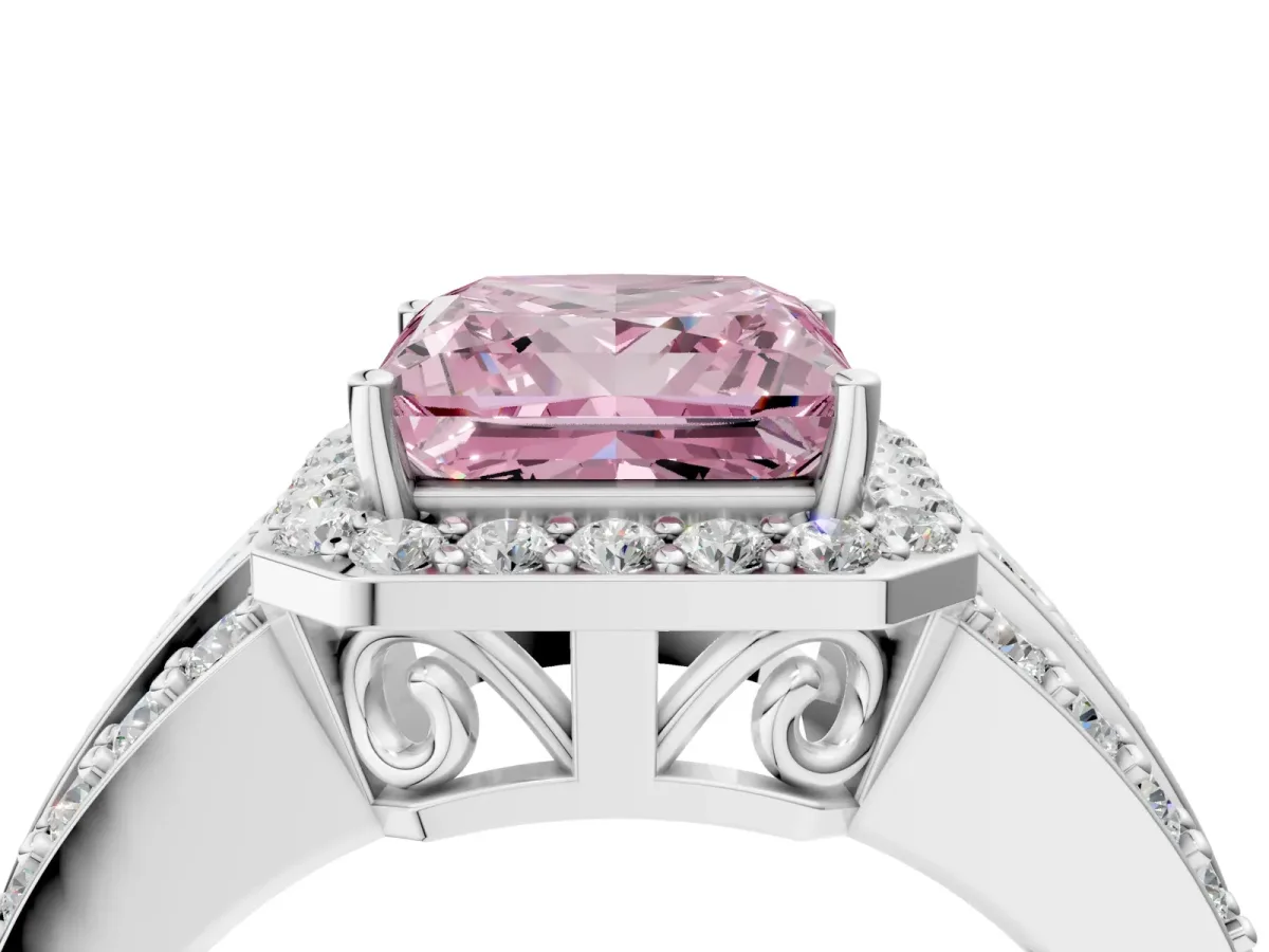 Fancy Pink Princess Cut Halo Diamond Ring with Round Split Shank and Prong Setting Silver