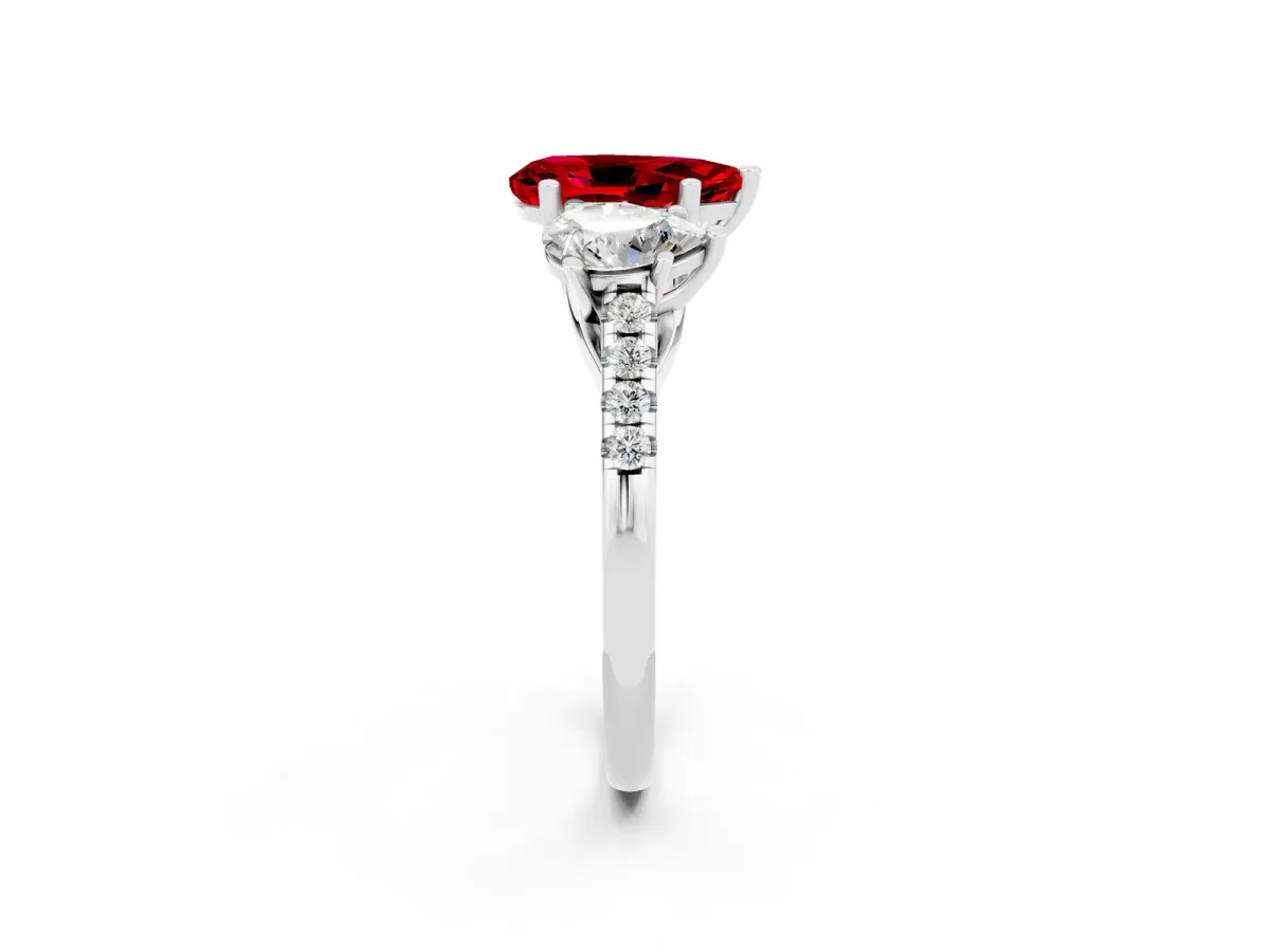 Three-Stone Pear Cut Ruby Ring with Round Pavé Band and Prong Setting Silver