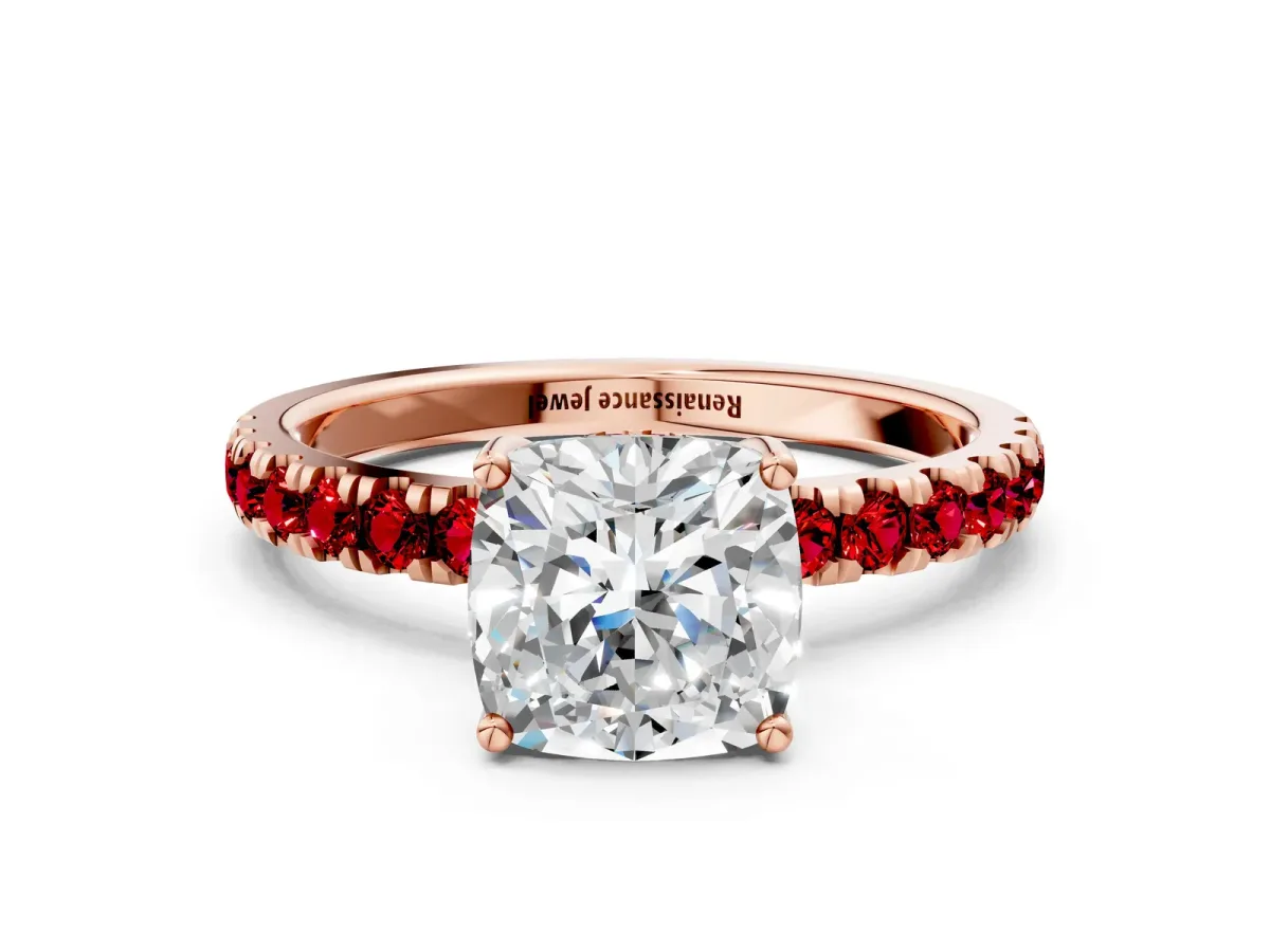 Cushion Cut Diamond Pave Band Solitaire Ring with Round Ruby and Prong Setting Rose gold