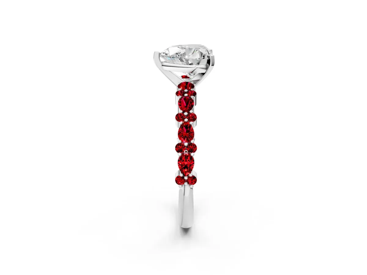 Heart Cut Diamond Side Stone Solitaire Ring with Round Ruby and Four-Prong Setting Silver