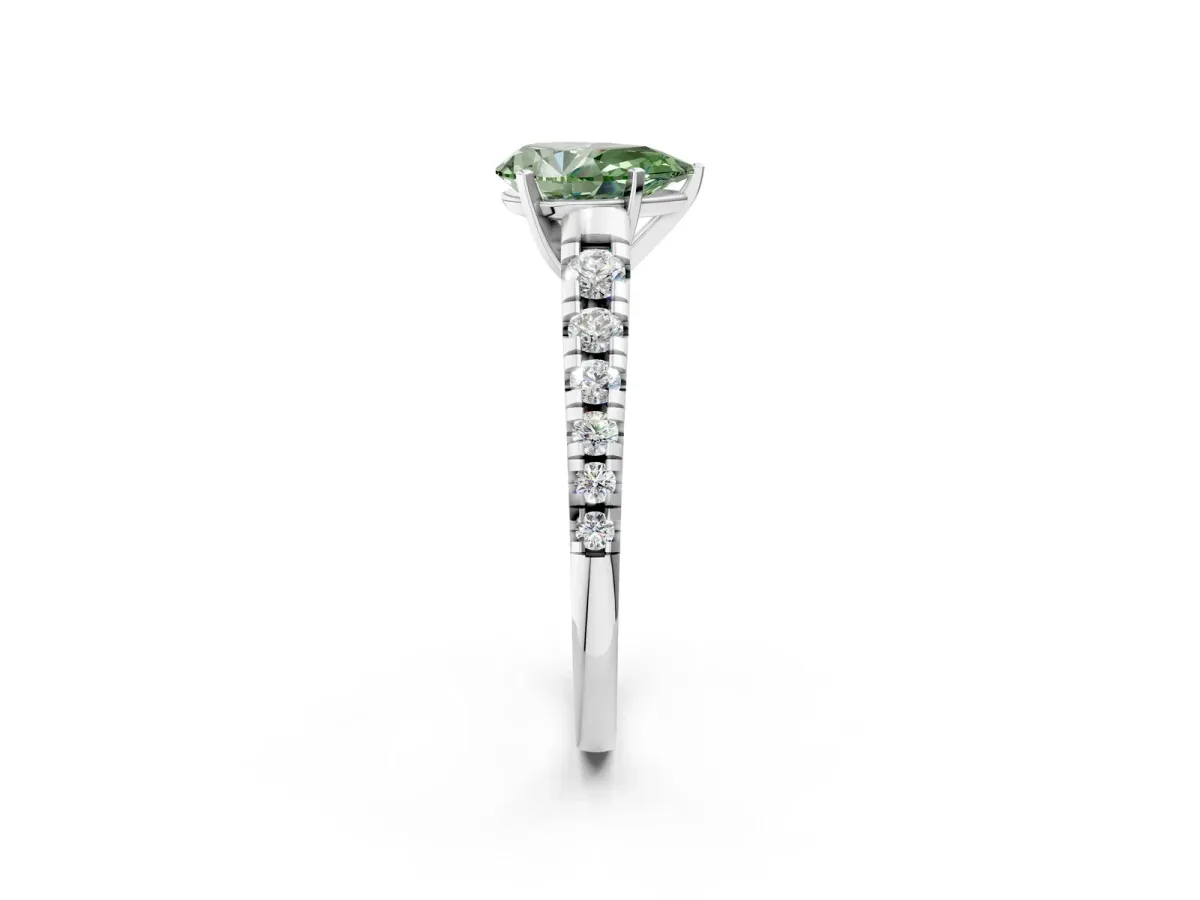 Fancy Green Pear Cut Diamond Cathedral Solitaire Ring with Round Pavé Band Silver