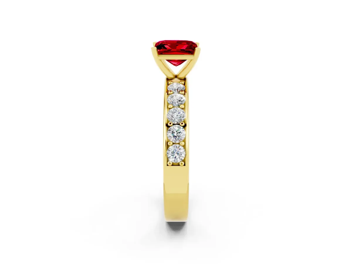 Princess Cut Ruby Engagement Ring with Channel Set Round Band and Prong Setting Yellow gold