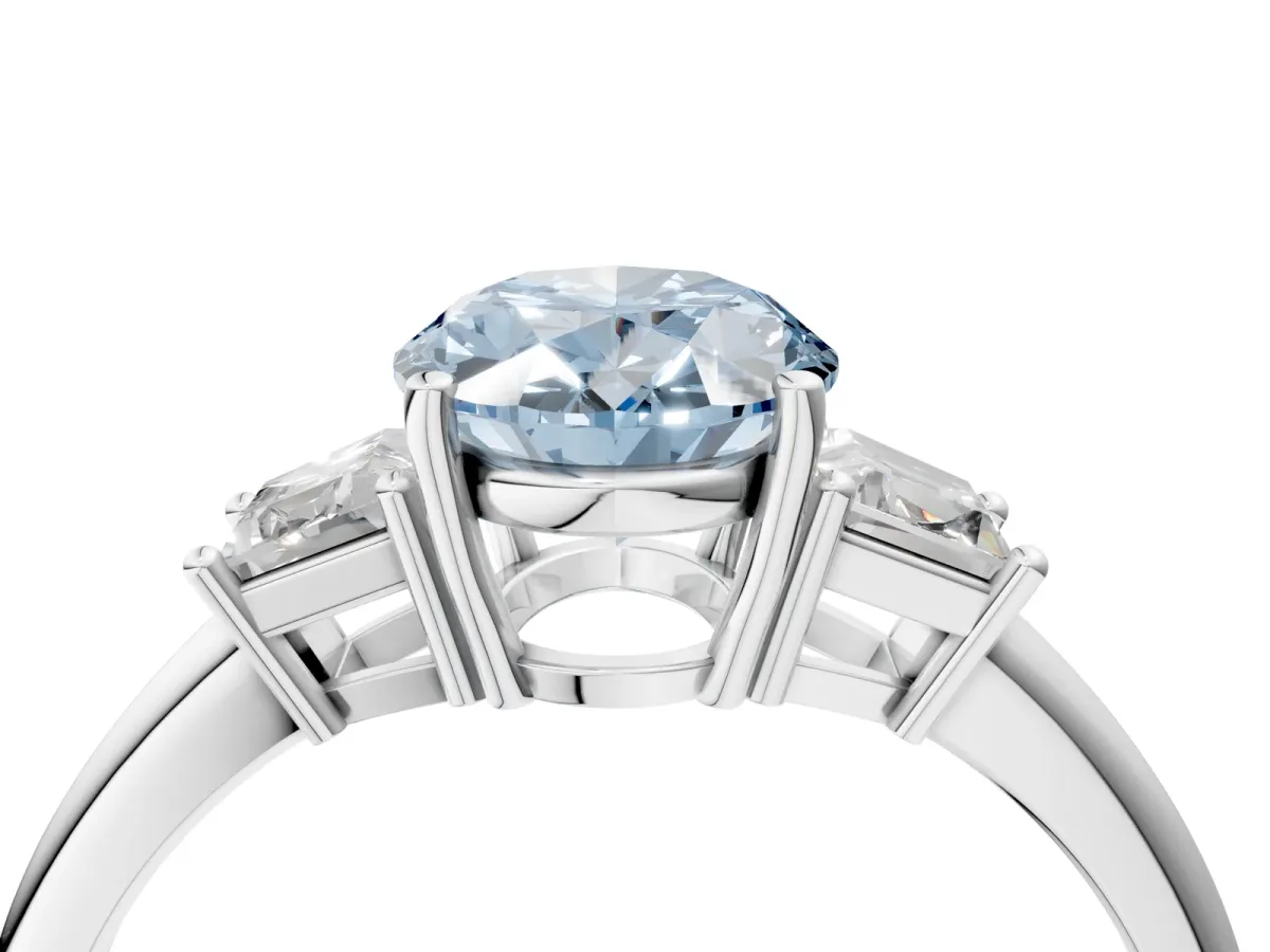 Fancy Blue Oval Cut Diamond Three-Stone Ring with Trapezoid Side Stones and Prong Setting Silver