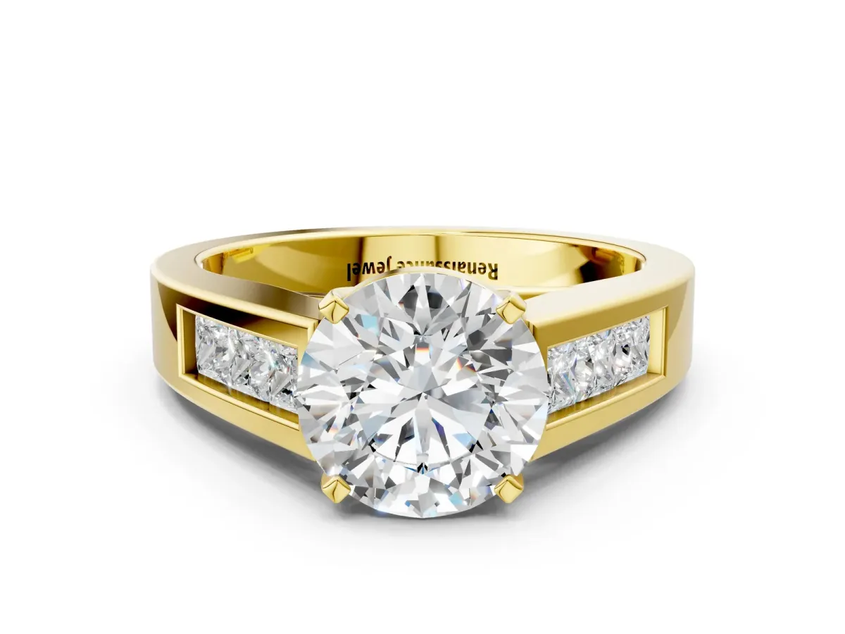 Round Cut Cut Channel Set Solitaire Ring with Four-Prong Setting Yellow gold