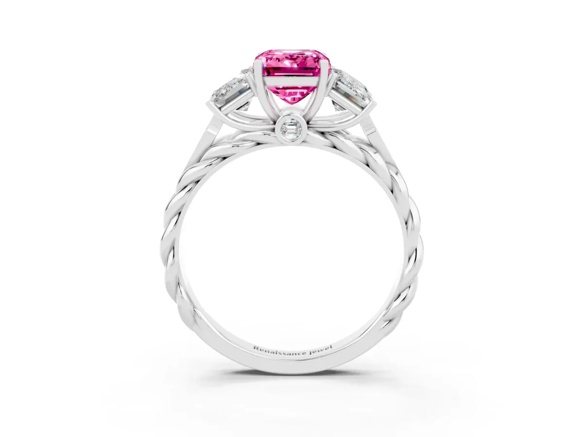 Three-Stone Emerald Cut Pink Sapphire Braided Band Ring with Four-Prong Setting Silver