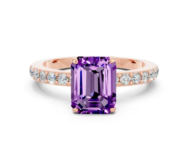 Emerald Cut Amethyst Solitaire Engagement Ring with Pavé Band and Four-Prong Setting Rose gold
