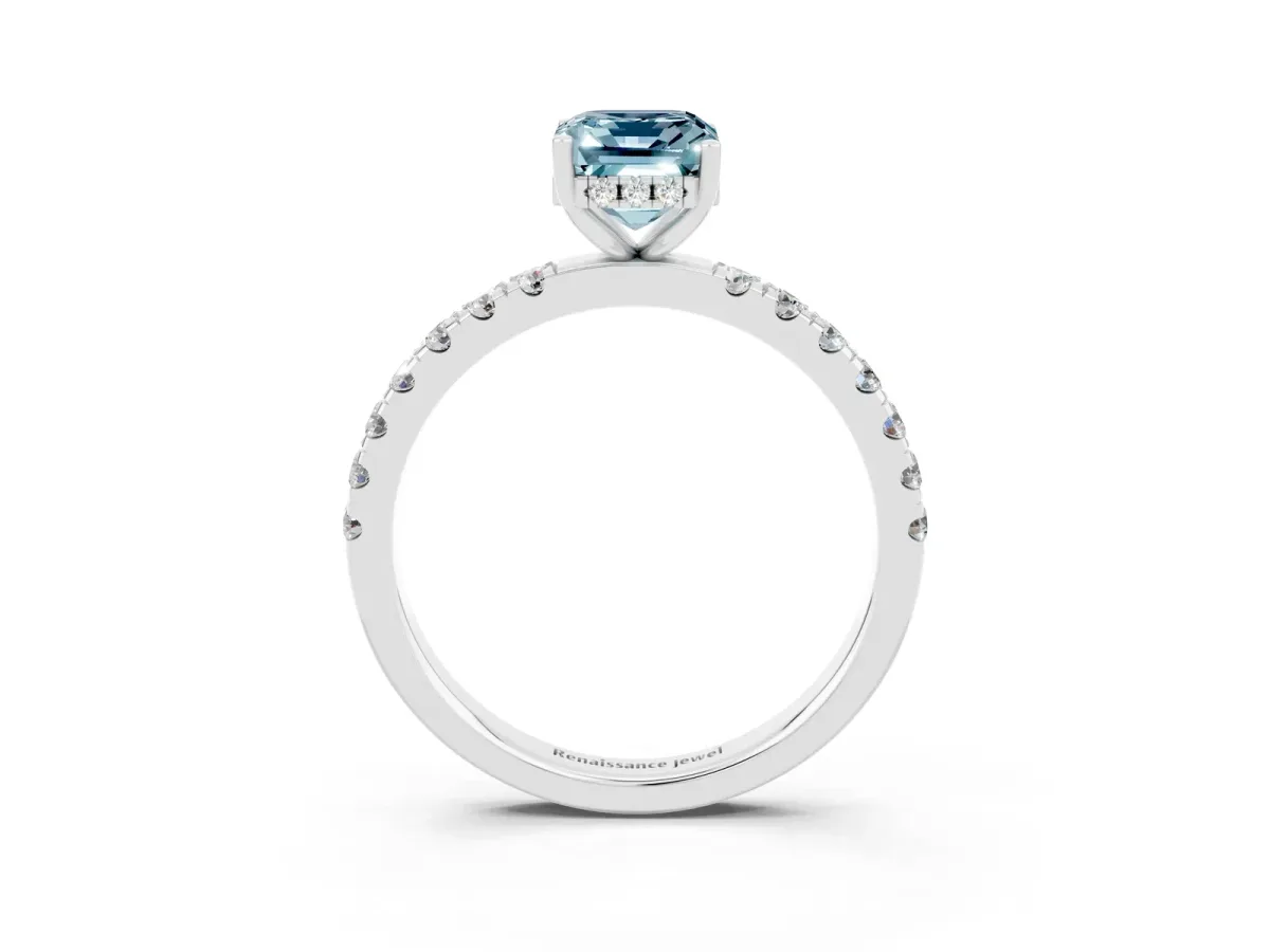 Emerald Cut Aquamarine Pave Band Solitaire Ring with Round and Prong Setting Silver