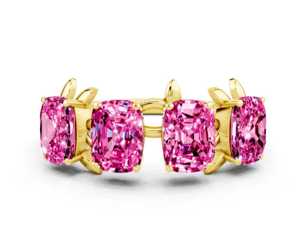 Four-Stone Elongated Cushion Pink Sapphire Band with Nature-Inspired Prong Setting Yellow gold