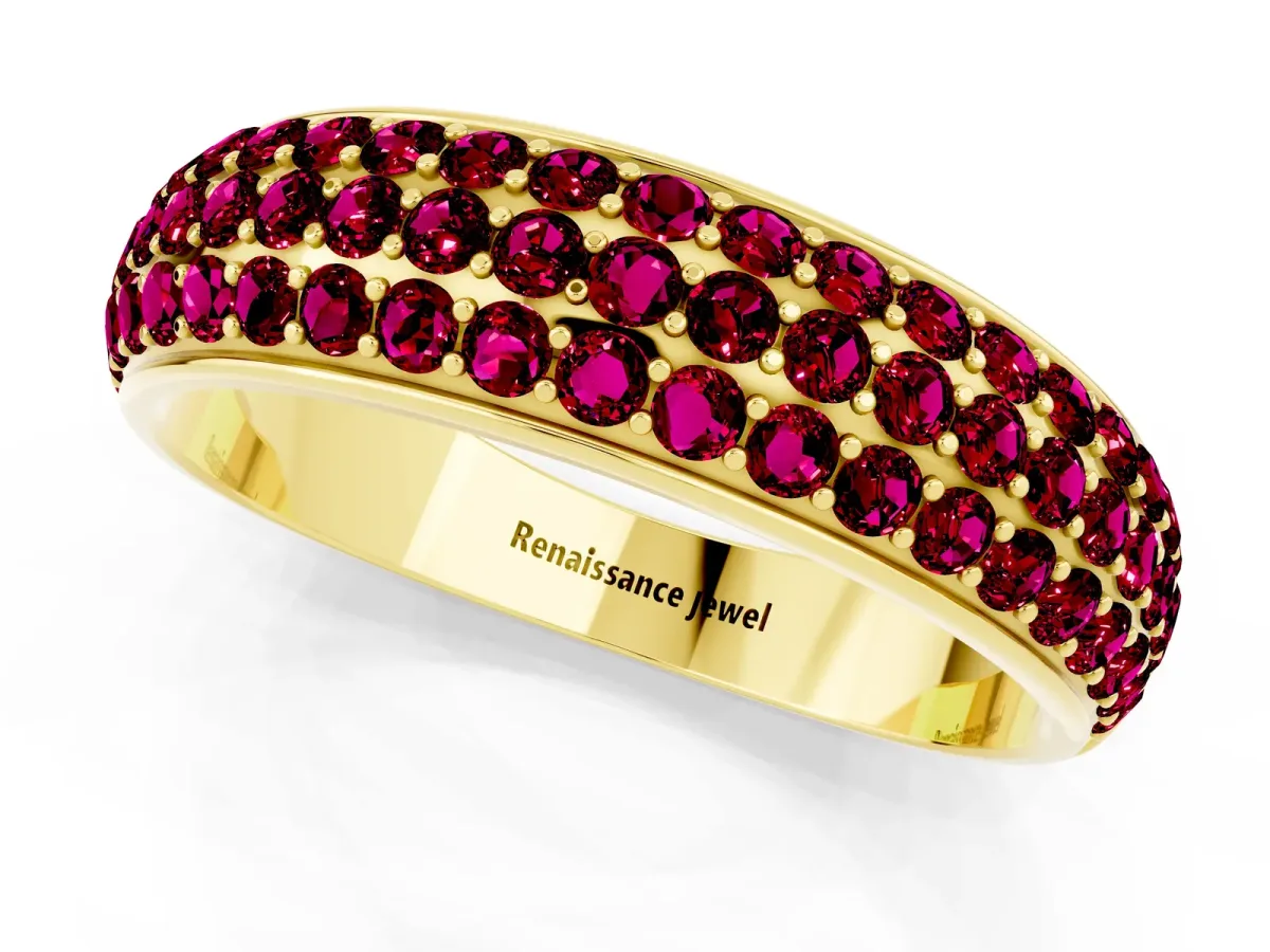 Three-Row Round Garnet Eternity Band with Shared Prong Setting Yellow gold