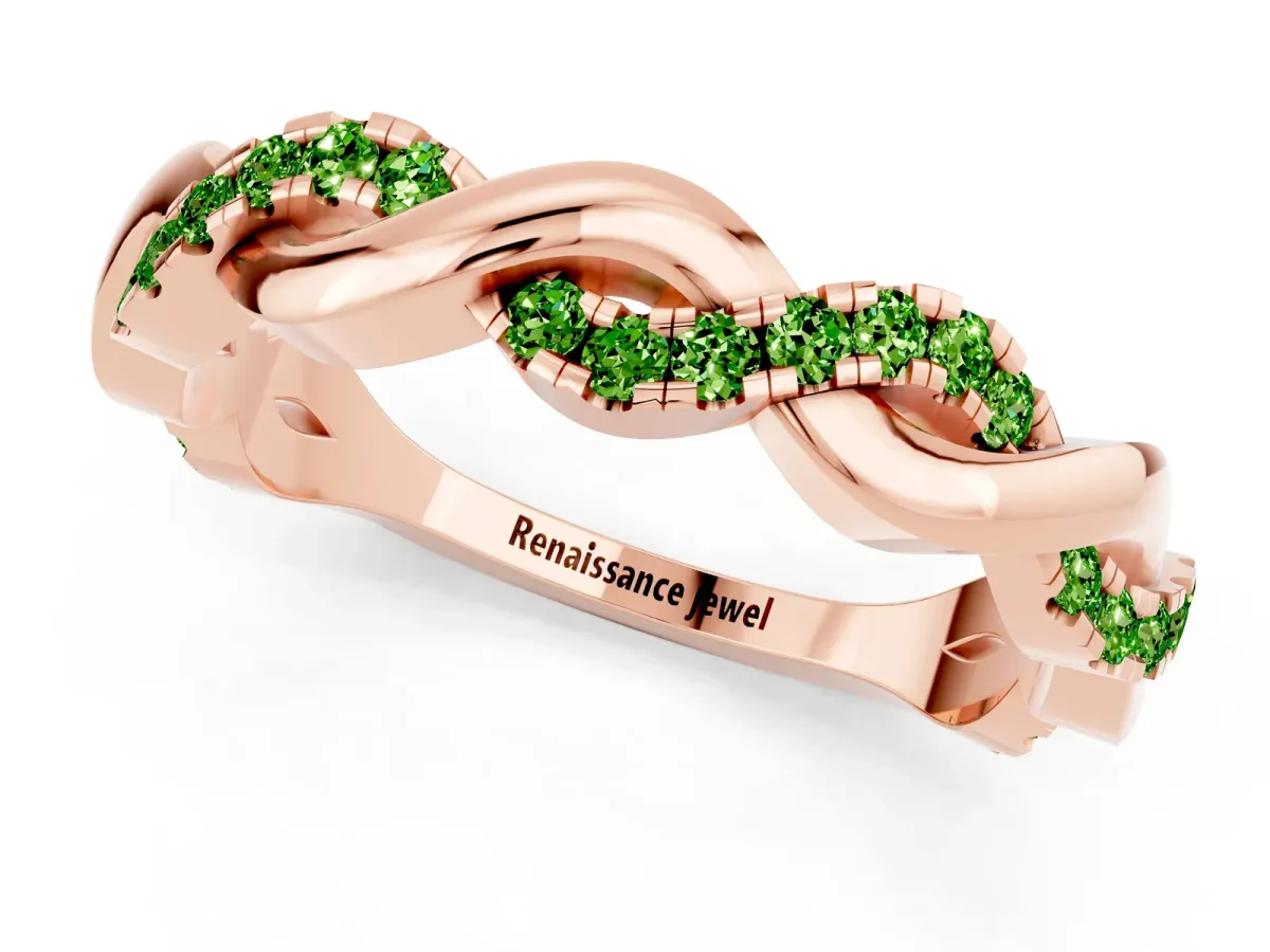 Pavé Round Peridot Twist Eternity Band with Shared Prong Setting Rose gold