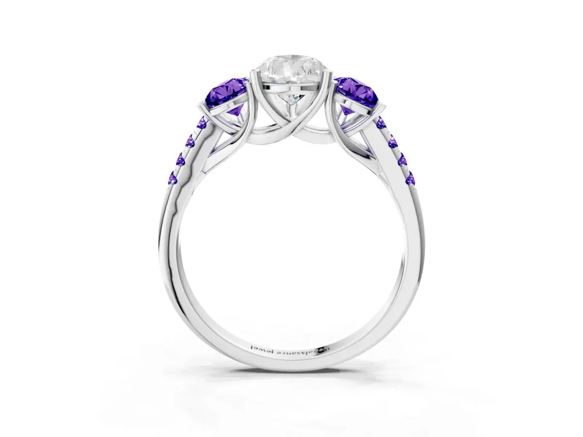 Three-Stone Pear Cut Diamond Ring with Round Tanzanite Pavé Band and Prong Setting Silver