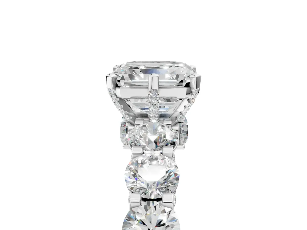 Asscher Cut Diamond Side Stone Engagement Ring with Four-Prong Setting Silver