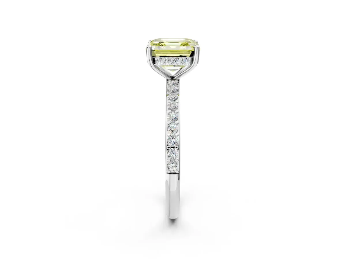 Fancy Yellow Asscher Cut Cut Diamond Pavé Band Ring with Four-Prong Setting Platinum