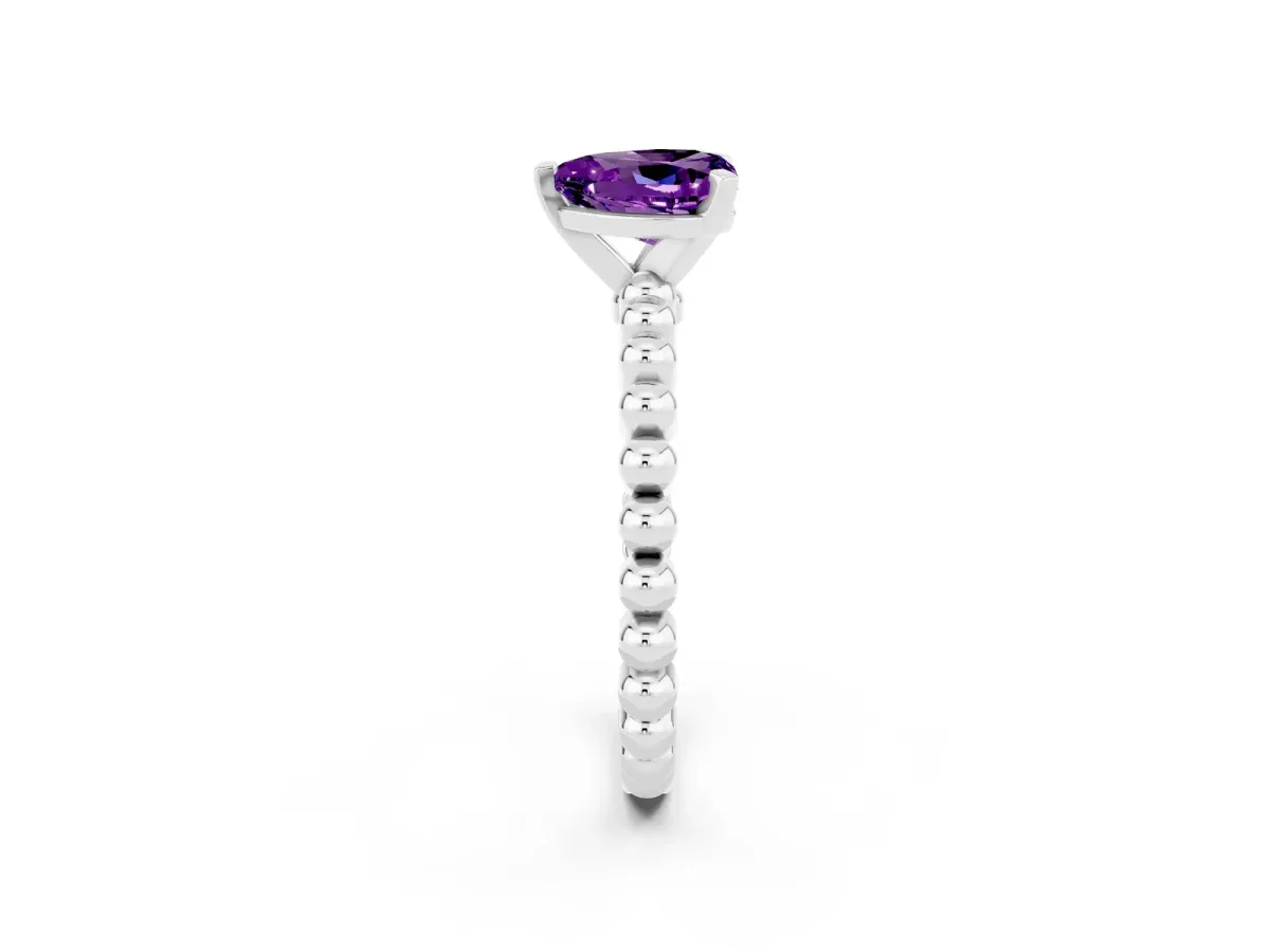Heart Cut Amethyst Solitaire Ring with Beaded Band and Prong Setting Platinum