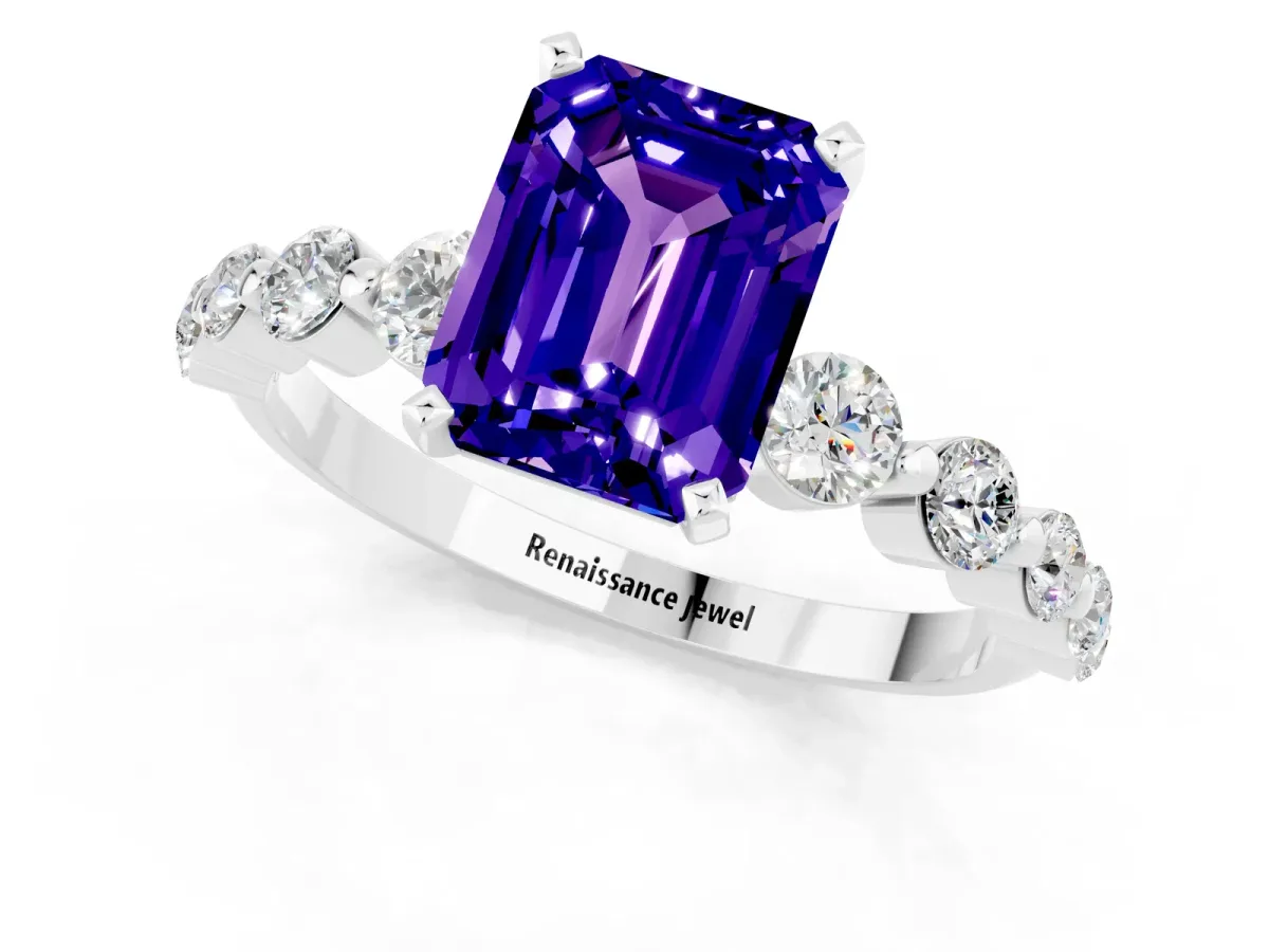Emerald Cut Solitaire Tanzanite Ring with Pave Band and Four-Prong Setting Silver