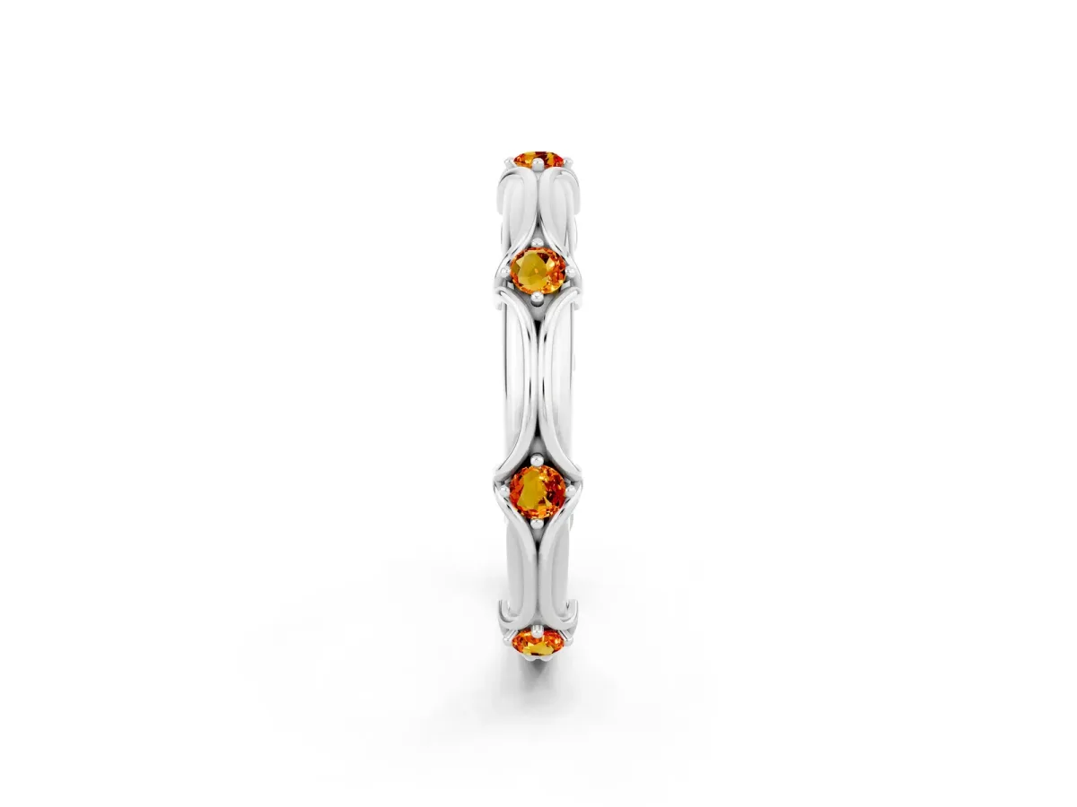 Round Citrine Prong Set Milgrain Eternity Band Silver