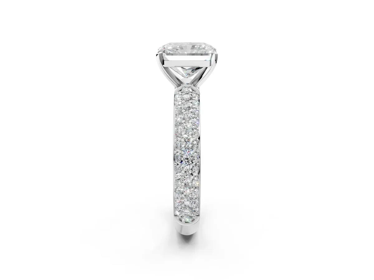 Radiant Cut Diamond Solitaire Ring with Prong Setting and Pavé Band Platinum