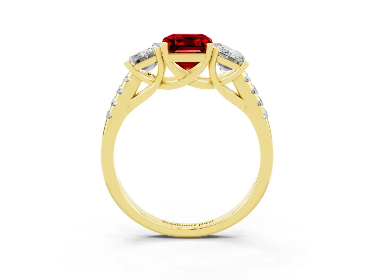 Three-Stone Emerald Cut Ruby Ring with Round Pavé Band and Prong Setting Yellow gold
