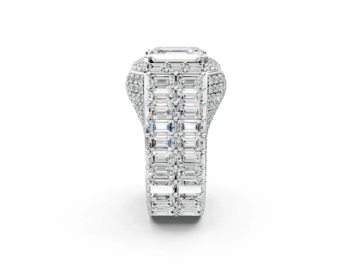 Emerald Cut Diamond Pavé Statement Mens Ring with Baguette Accents Silver