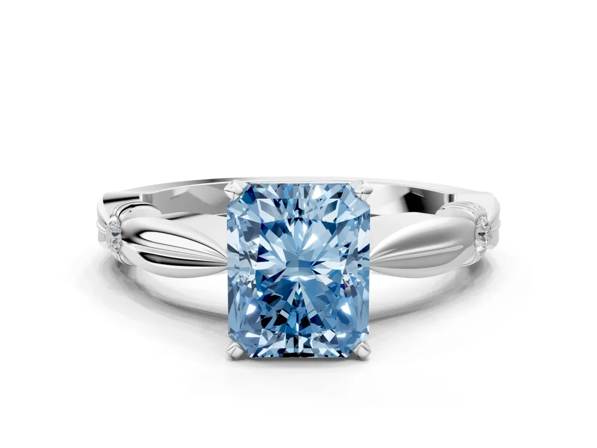 Fancy Blue Radiant Cut Solitaire Diamond Twisted Band with Four-Prong Setting Platinum
