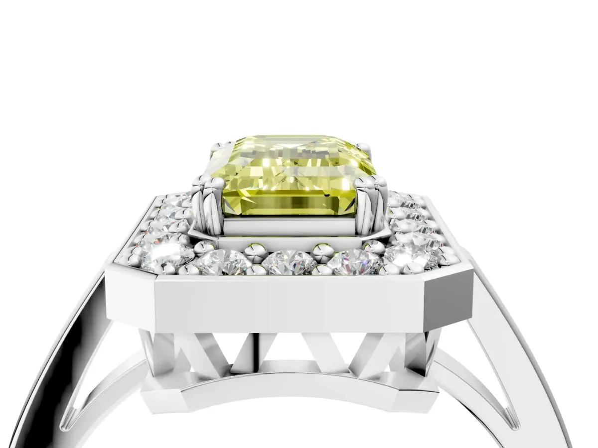 Fancy Yellow Emerald Cut Diamond Halo Ring with Split Shank and Four-Prong Setting White gold