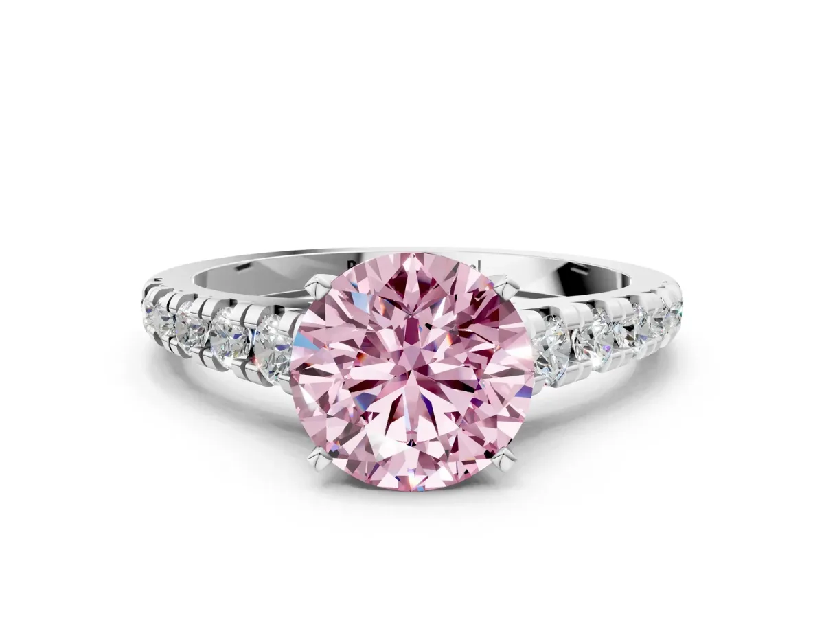 Fancy Pink Round Cut Diamond Cathedral Solitaire Ring with Round Pavé Band Silver